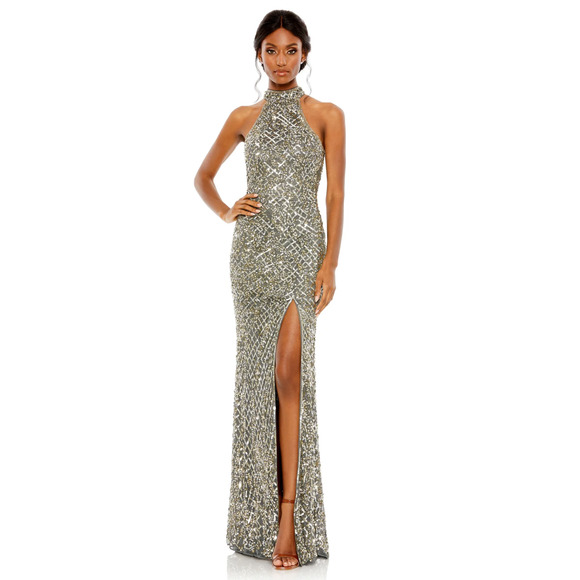 Mac Duggal 4112 Sequin Halter Open Back Sheath Gown Platinum Gray 8 NEW - Picture 1 of 10